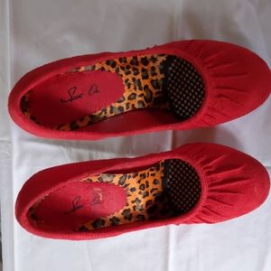 spot on brand, red heels.  manmade but looks like suede, sz 7, 4" heel.